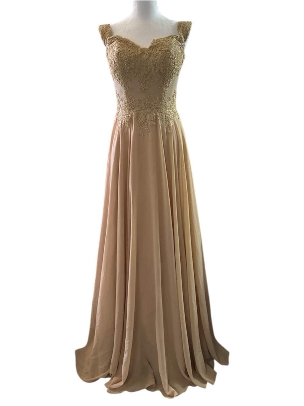 May Queen Off-Shoulder Lace Bodice Chiffon Gown in Champagne
